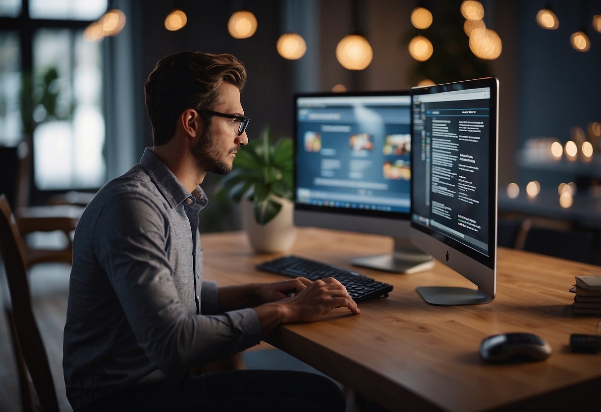 A person scrolling through online courses, with a focus on skill enhancement and financial independence, while contemplating leaving a marriage