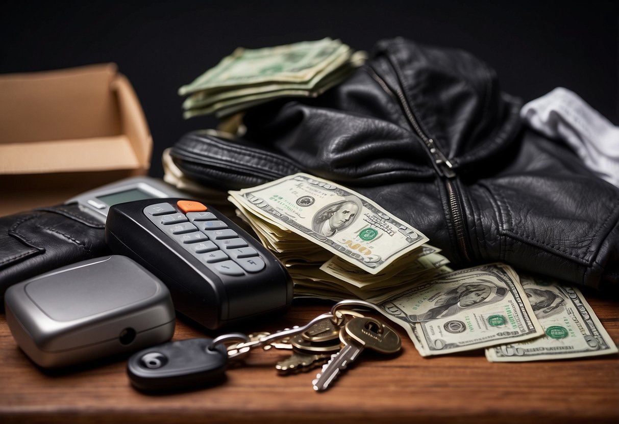 A pile of unused items, such as clothing, electronics, and household goods, sits in a corner. A stack of cash and a set of keys are placed next to the items, indicating a successful sale