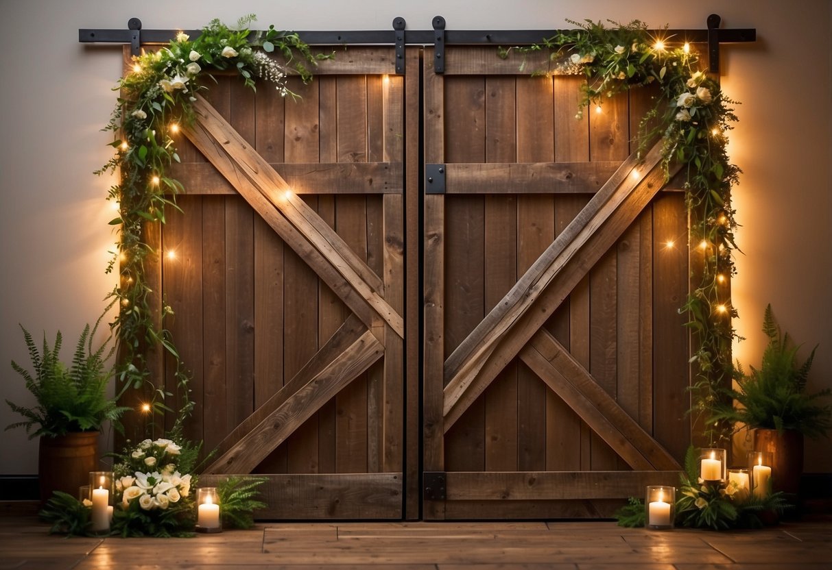 A rustic barn door stands as a backdrop, adorned with delicate string lights and lush greenery, creating a romantic setting for a barn wedding