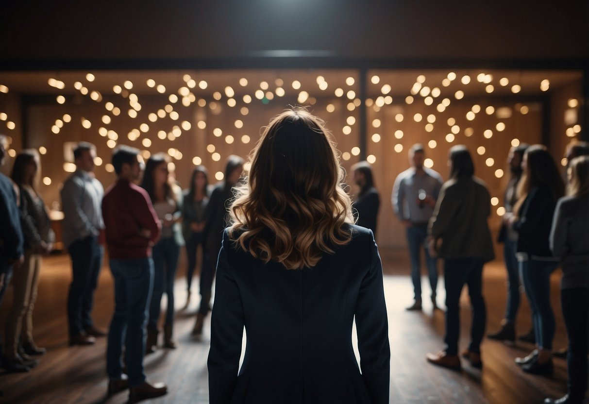 A woman stands alone, surrounded by a supportive network of friends and family. She holds a key to unlock a door symbolizing freedom from financial dependence in a marriage