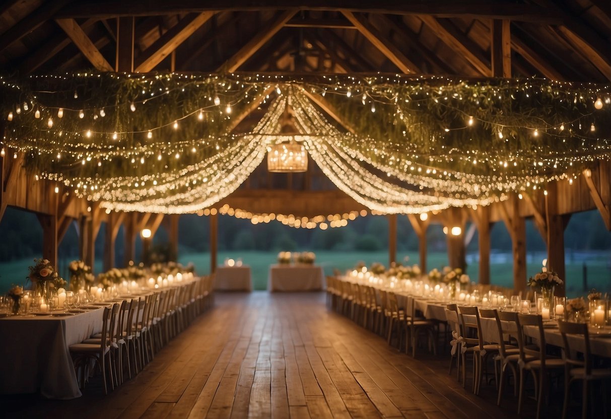 A rustic barn adorned with twinkling fairy lights, creating a magical canopy for a romantic wedding celebration