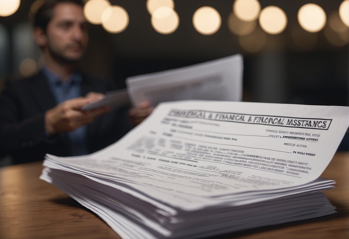 A person holding divorce papers while looking at a stack of financial documents, with a sign in the background reading "Financial Rights and State Assistance Programs."