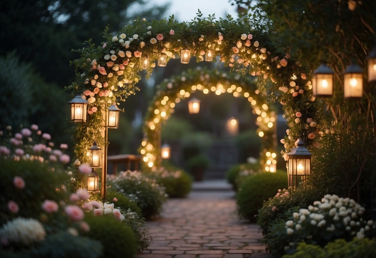 A serene garden with soft, warm lighting. A canopy of fairy lights and lanterns casting a romantic glow over the intimate setting. A floral archway serves as the focal point, adorned with delicate blooms and greenery