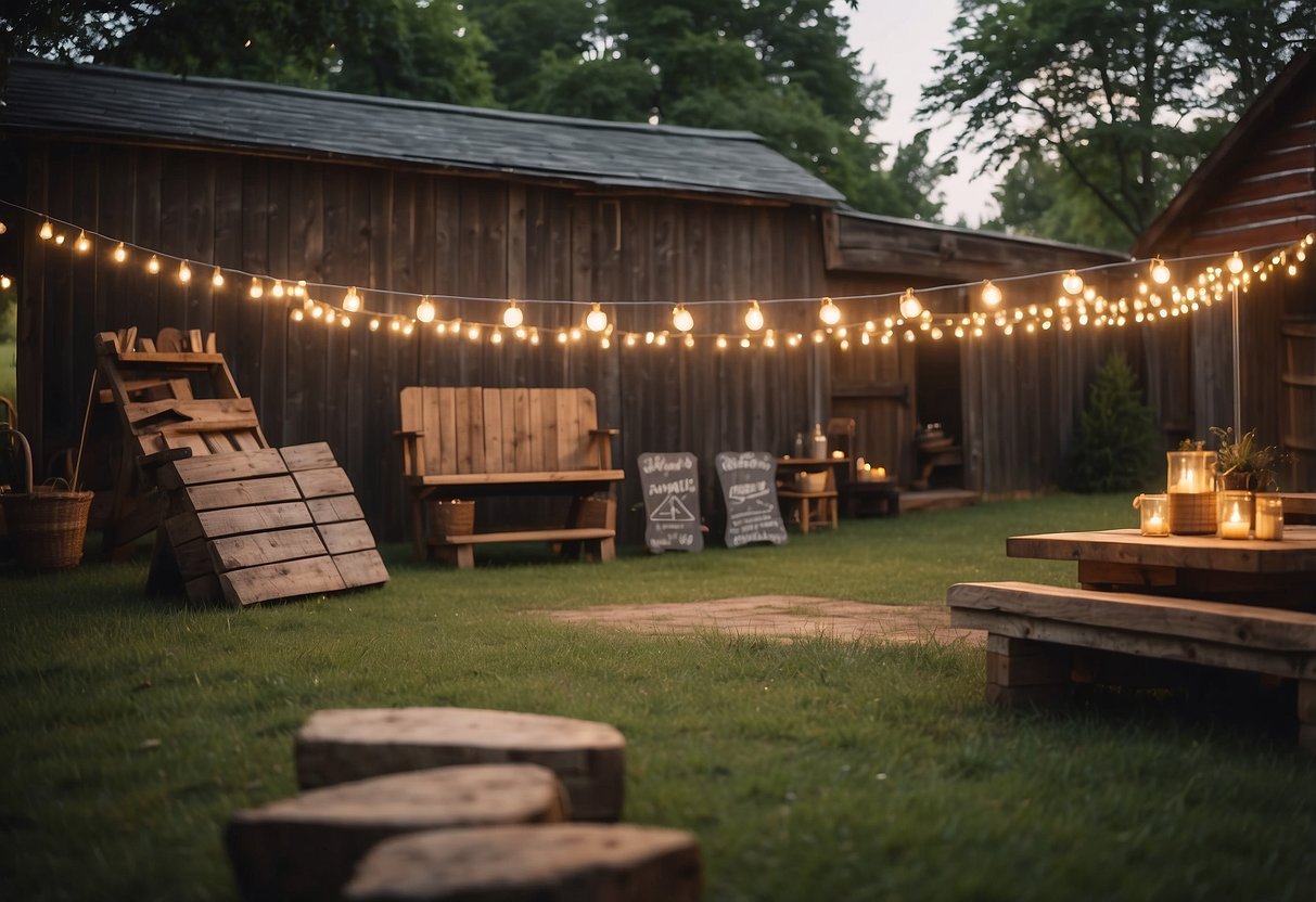 A rustic barn setting with lawn games scattered around, such as cornhole, giant Jenga, and horseshoes. Bunting and fairy lights add a festive touch