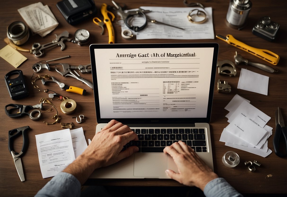 A person working on a laptop, surrounded by various tools and equipment related to their skills. A marriage certificate torn in half, symbolizing the decision to end the marriage