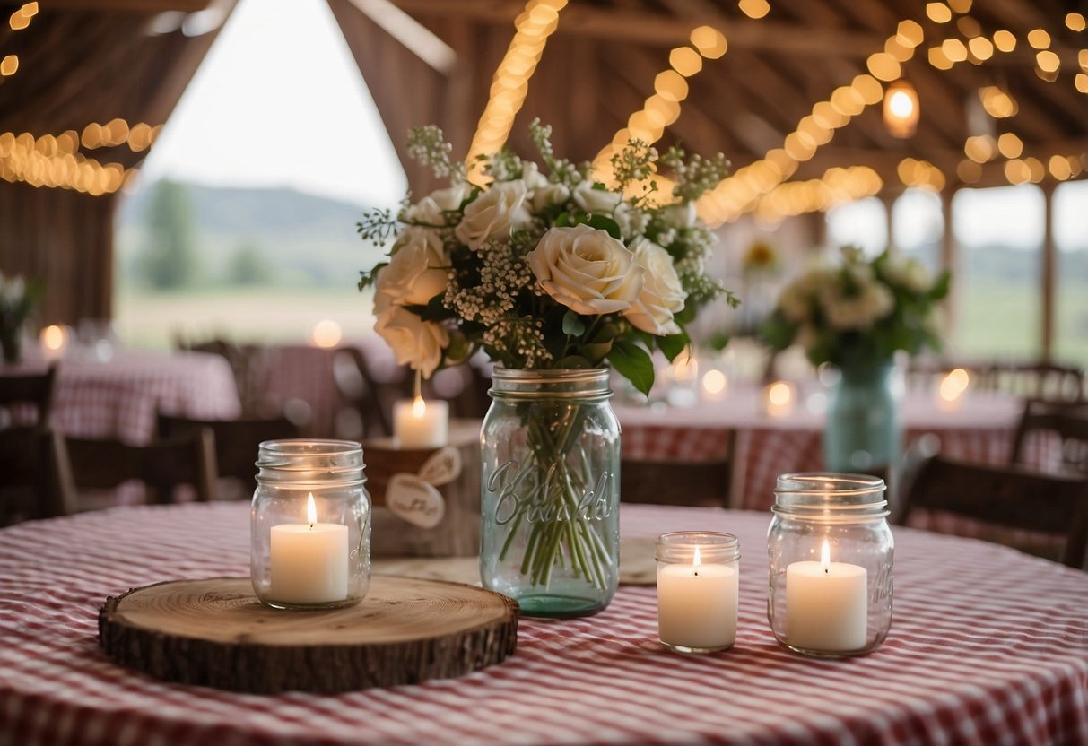 A rustic barn setting with gingham tablecloths, mason jar centerpieces, and string lights creating a cozy ambiance for a wedding celebration