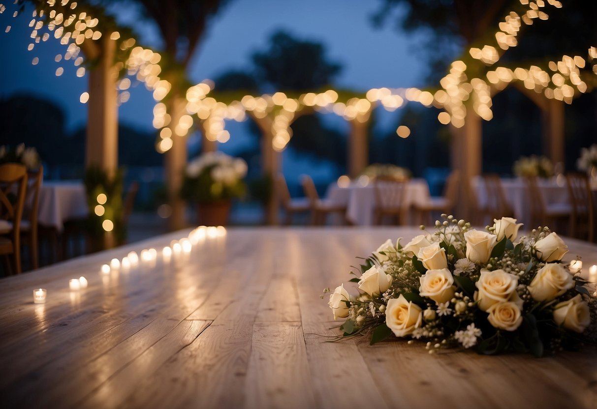 A moonlit dance floor glows with soft light, surrounded by twinkling fairy lights and delicate floral arrangements. The serene atmosphere is perfect for a twilight wedding celebration