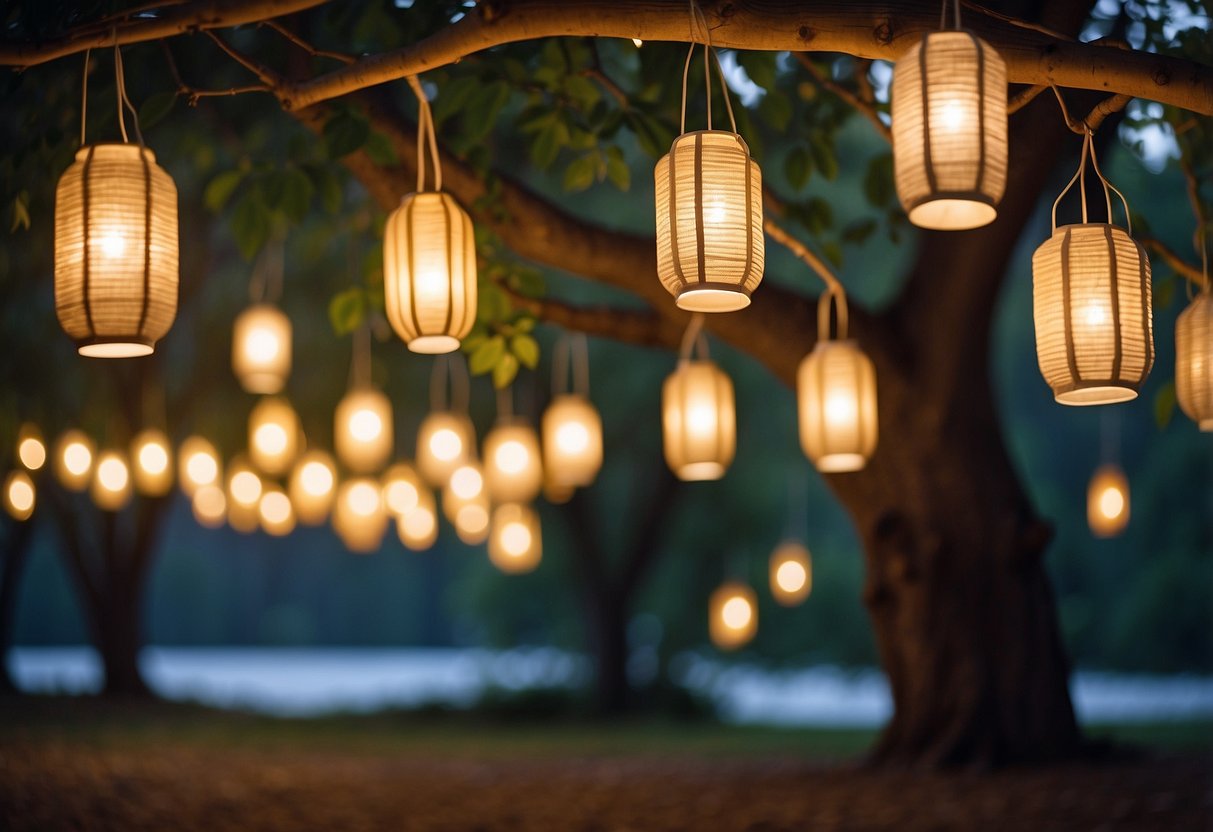 Lanterns hang from trees, casting a warm glow at a twilight wedding. The fairy tale setting is magical and romantic