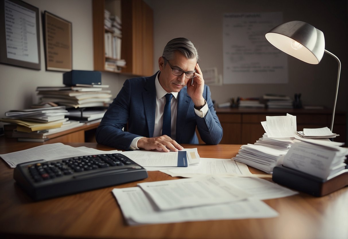 A figure sits at a desk, surrounded by bills and paperwork. They are calculating expenses and assets, strategizing a financial plan to gain independence from a marriage