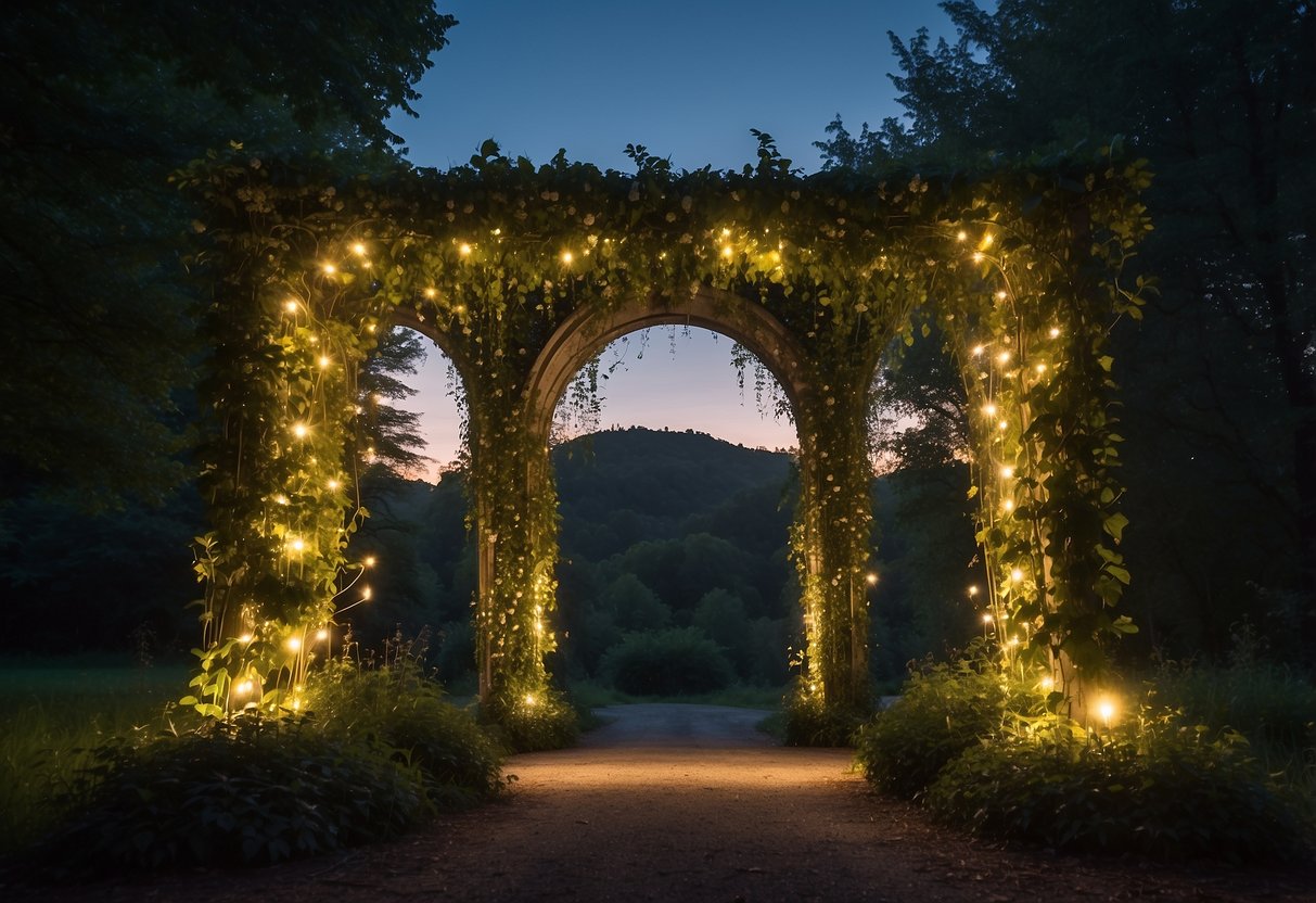 An archway covered in ivy and glowing with fairy lights, surrounded by towering trees and twinkling fireflies in the dusky twilight