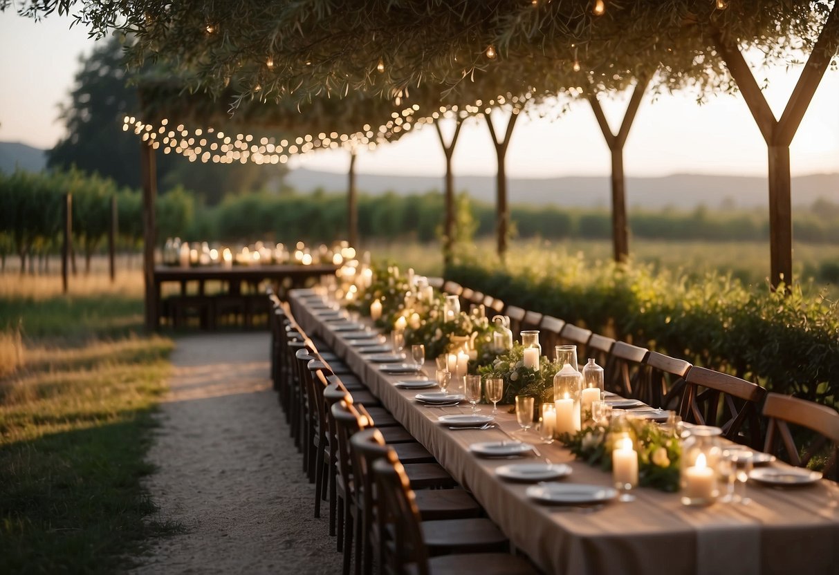 A rustic outdoor wedding with vineyard backdrop, long wooden tables adorned with olive branches and candles, and a canopy of fairy lights overhead