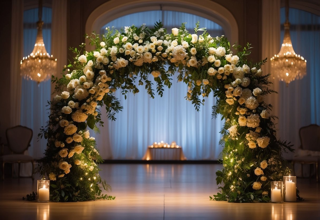 A grand floral arch frames the head table, accented with cascading greenery and twinkling fairy lights for a romantic backdrop