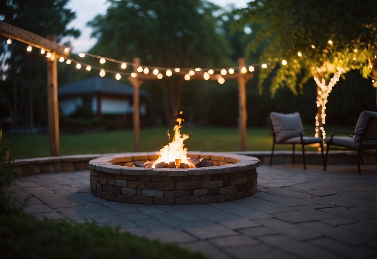 A cozy fire pit glows at dusk, surrounded by twinkling lights and lush greenery, creating a romantic setting for a twilight wedding