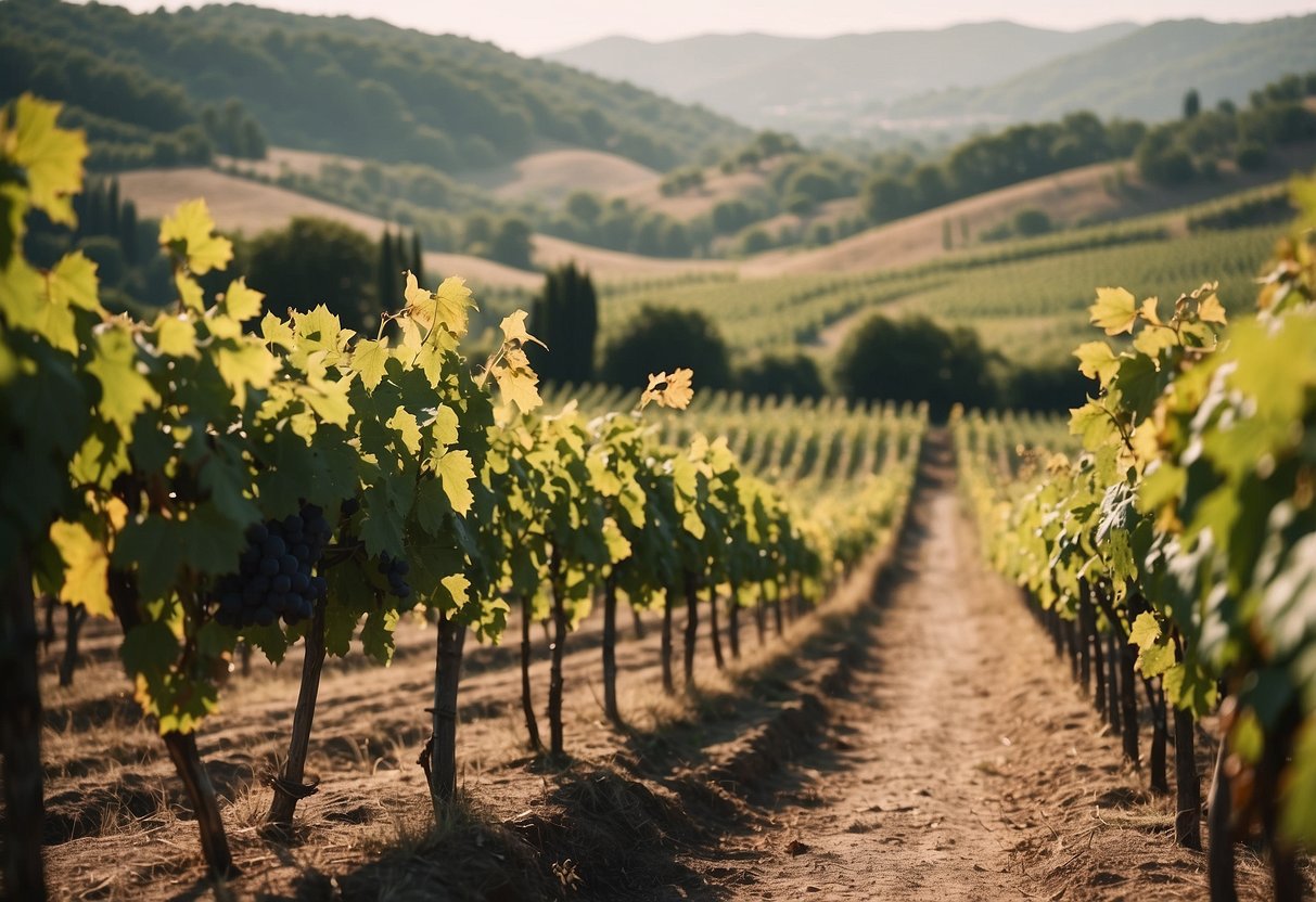 A serene vineyard with rolling hills, a rustic stone venue, and lush grapevines under the warm Italian sun