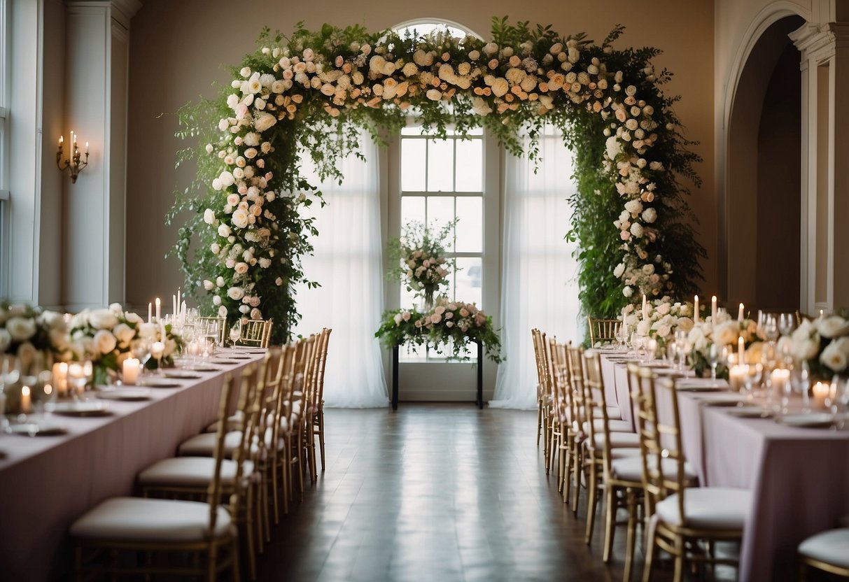 A beautiful floral archway frames the head table at a wedding, with cascading blooms and greenery creating a stunning backdrop