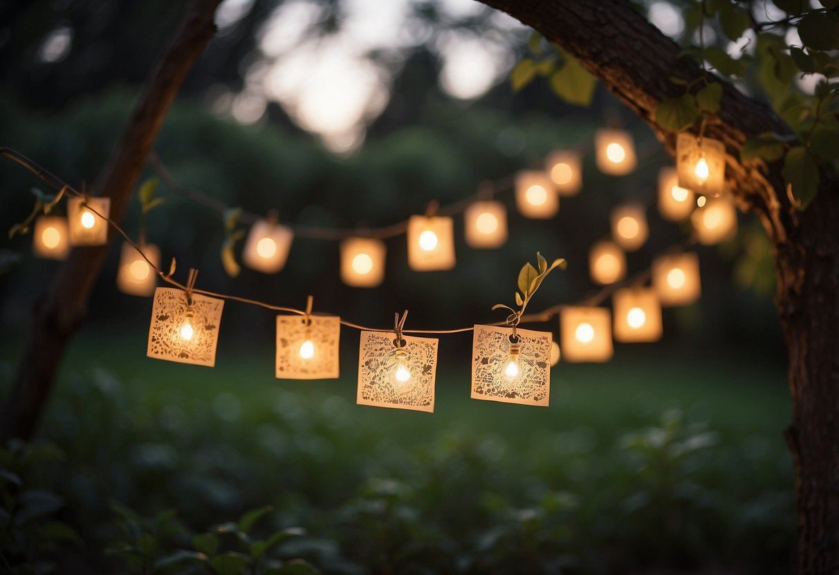 A dimly lit garden with glowing invitations hanging from tree branches, casting an ethereal glow as the sun sets in the background