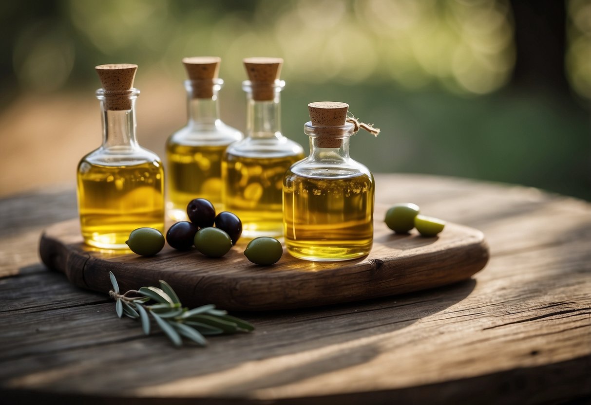 A rustic table adorned with small bottles of handcrafted olive oil, tied with twine and labeled with Italian wedding motifs