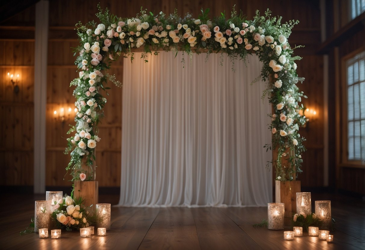 A rustic wooden frame stands tall as a backdrop for a wedding head table, adorned with delicate flowers and soft lighting