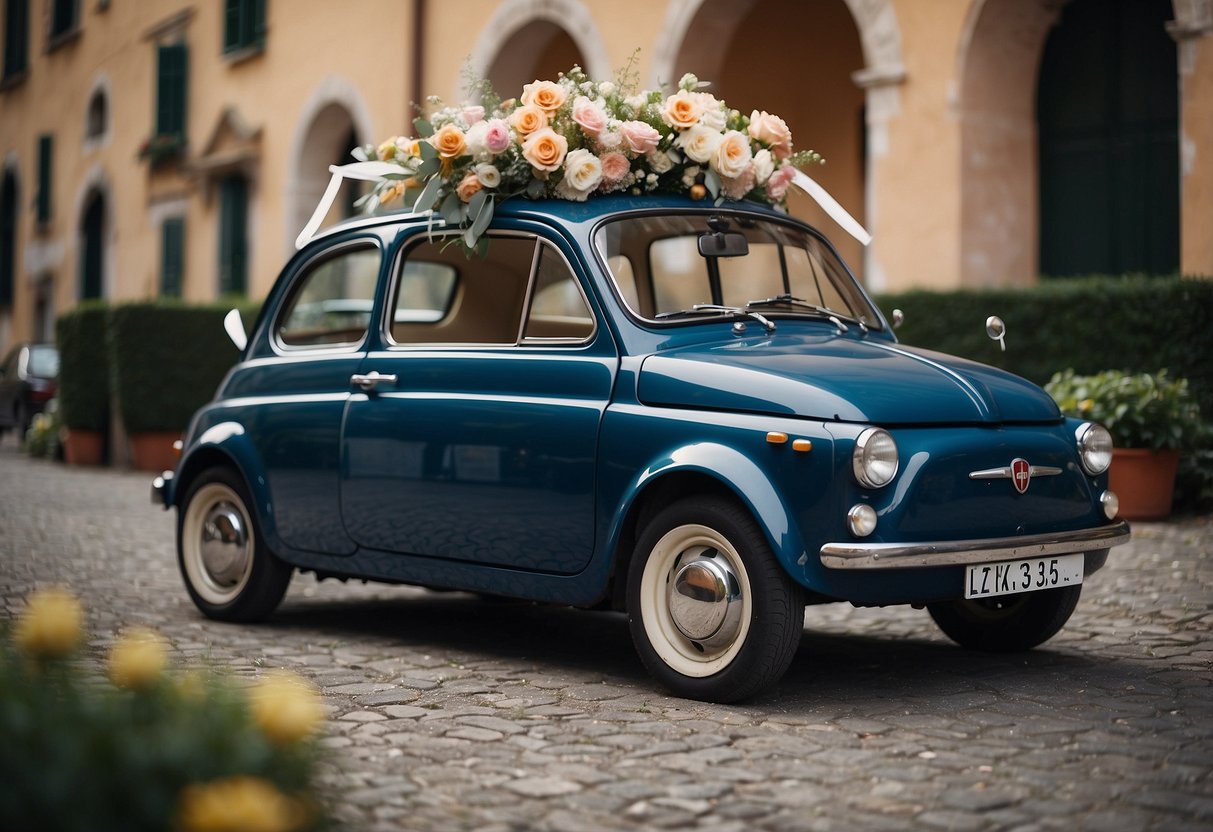 A vintage Fiat 500 parked outside an Italian wedding venue, adorned with flowers and ribbons, ready to transport the newlyweds