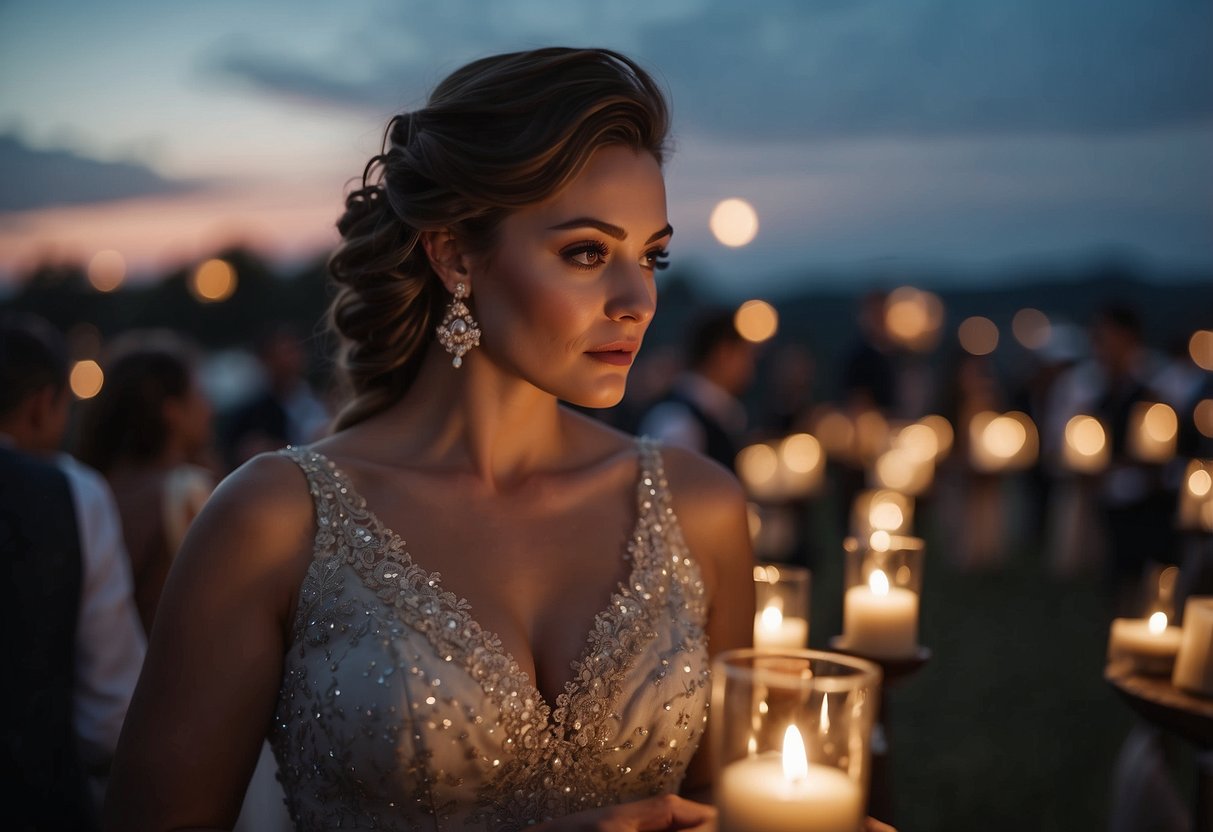 Under a starlit sky, a serene ceremony unfolds with soft music playing. The twilight setting creates a romantic ambiance for wedding ideas