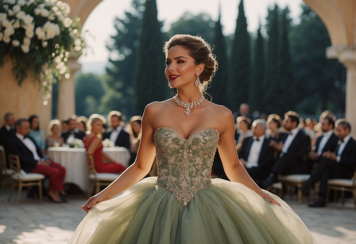 An elegant opera singer performs at an Italian wedding, surrounded by ornate decor and romantic ambiance