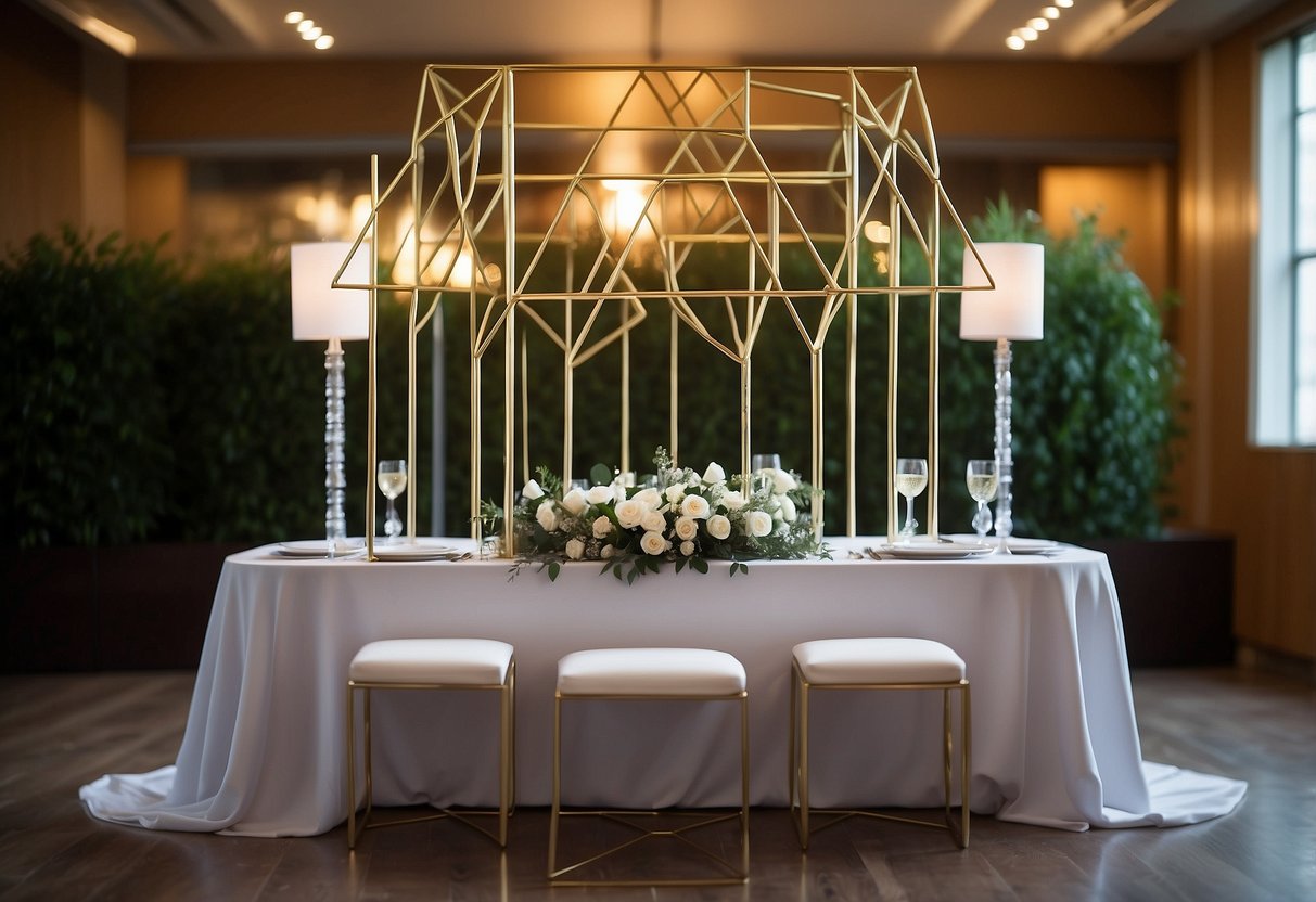 A large geometric metal structure stands behind a wedding head table, creating a modern and elegant backdrop