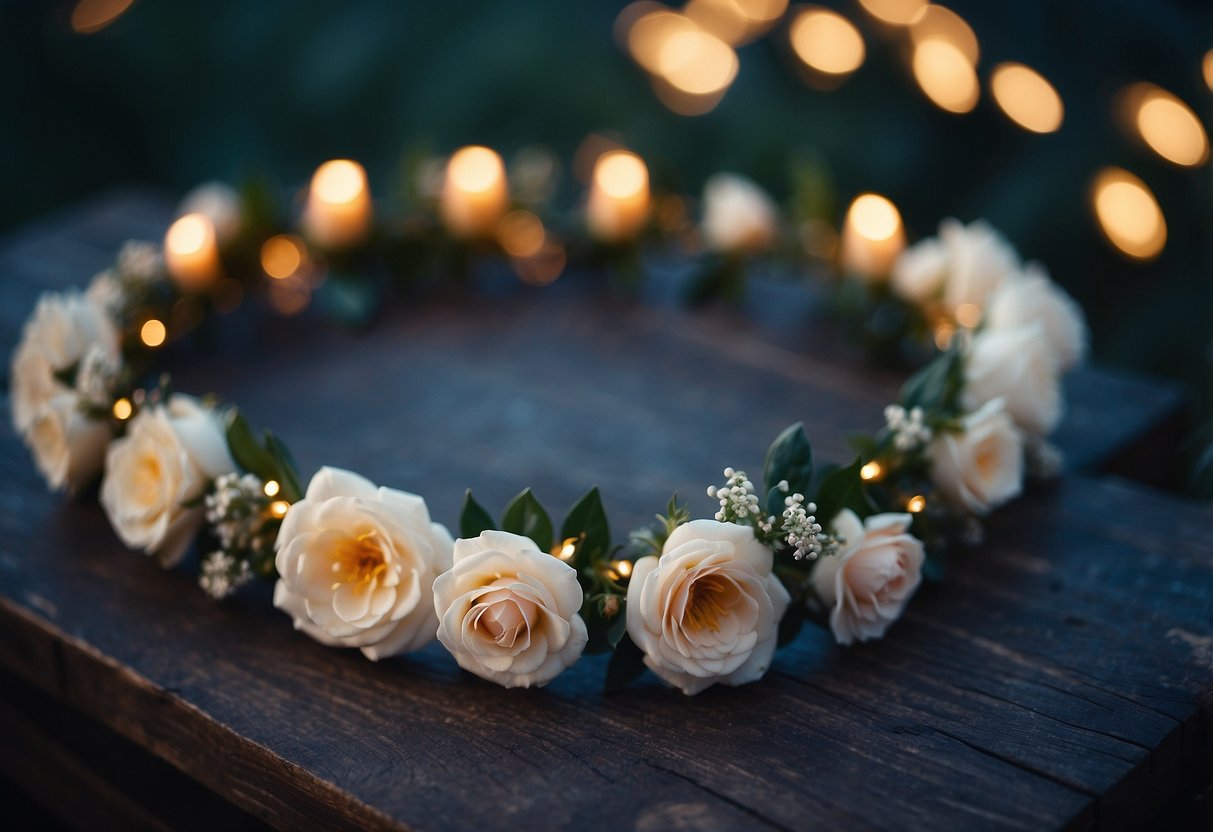 A serene garden at dusk, adorned with enchanting flower crowns. Twinkling lights illuminate the mystical setting, creating a dreamy ambiance for a twilight wedding