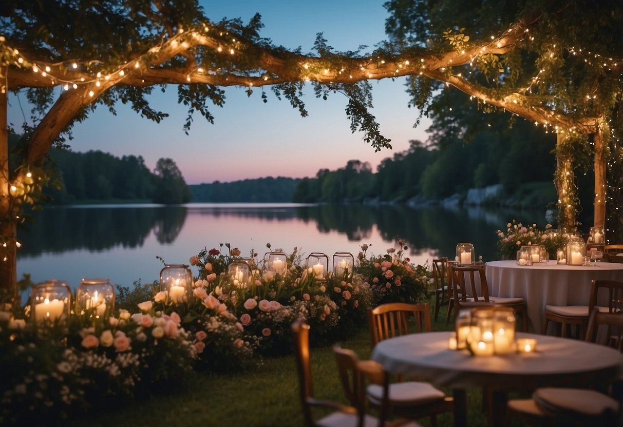 A picturesque garden with blooming flowers and a serene lake, surrounded by twinkling fairy lights and elegant seating for a twilight wedding