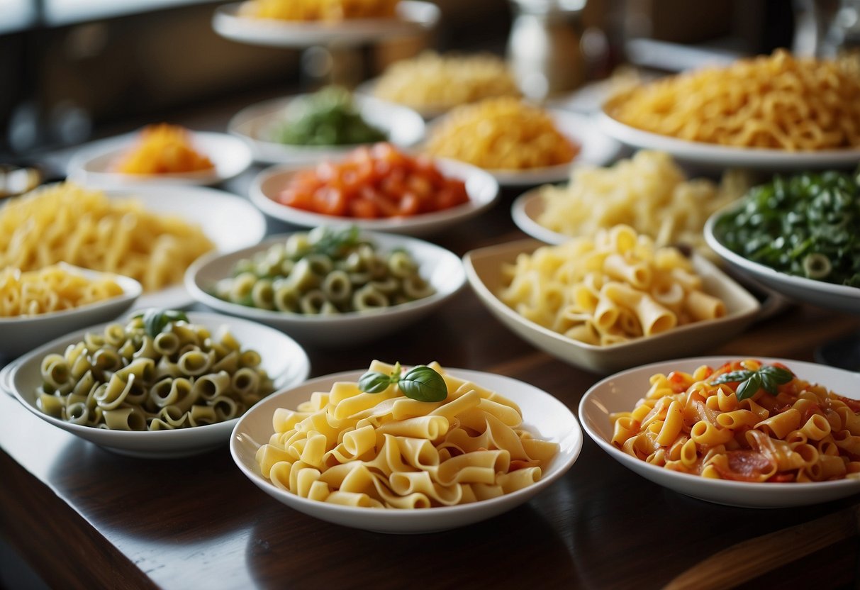 A colorful array of pasta dishes displayed on a buffet table with Italian-themed decor and signage