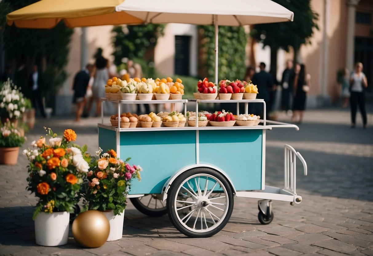 A colorful gelato cart stands adorned with fresh flowers, serving up delicious Italian desserts at a wedding celebration