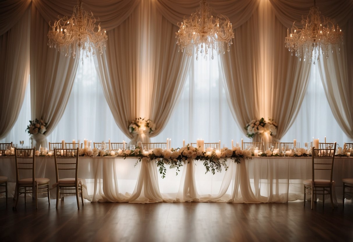 Elegant sheer curtains hang behind a wedding head table, softly billowing in the breeze, creating a romantic and dreamy backdrop