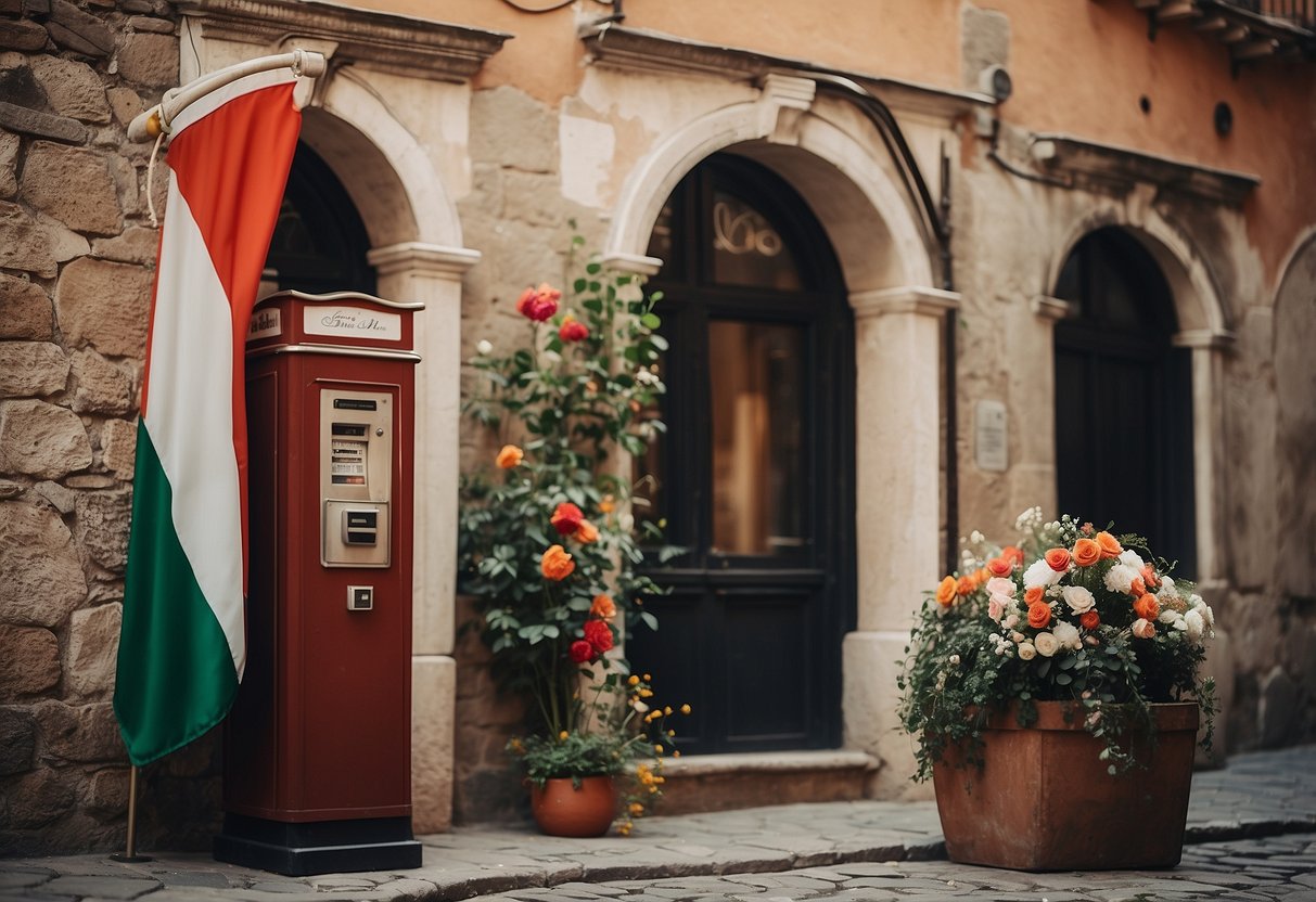 A vintage photo booth adorned with Italian flags and romantic floral arrangements, set against a backdrop of cobblestone streets and ancient architecture