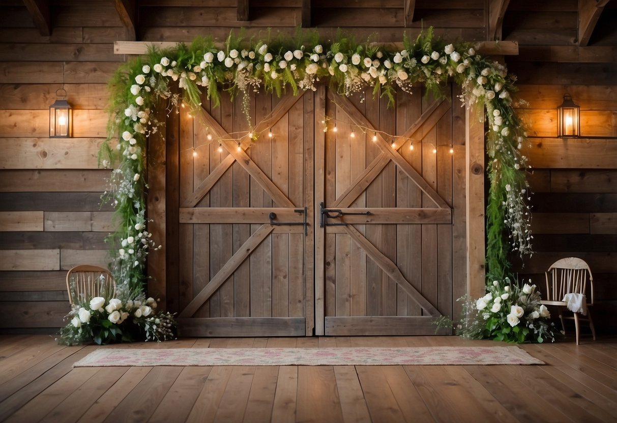 A rustic barn with weathered, wooden doors serving as a backdrop for a wedding head table. Wildflowers and twinkling lights adorn the doors