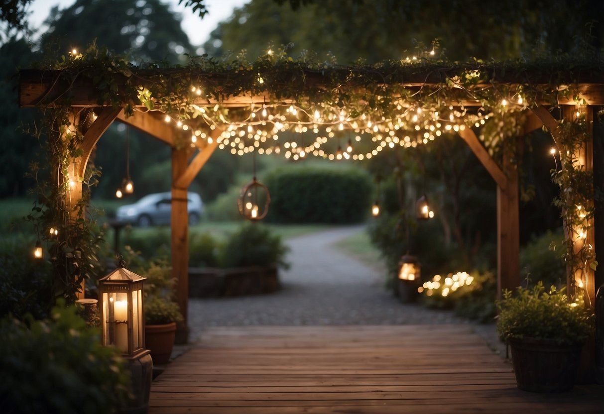 Twinkling fairy lights adorn a rustic wooden arch, casting a warm glow over a lush garden. A vintage chandelier hangs above, adding a touch of elegance to the twilight wedding setting