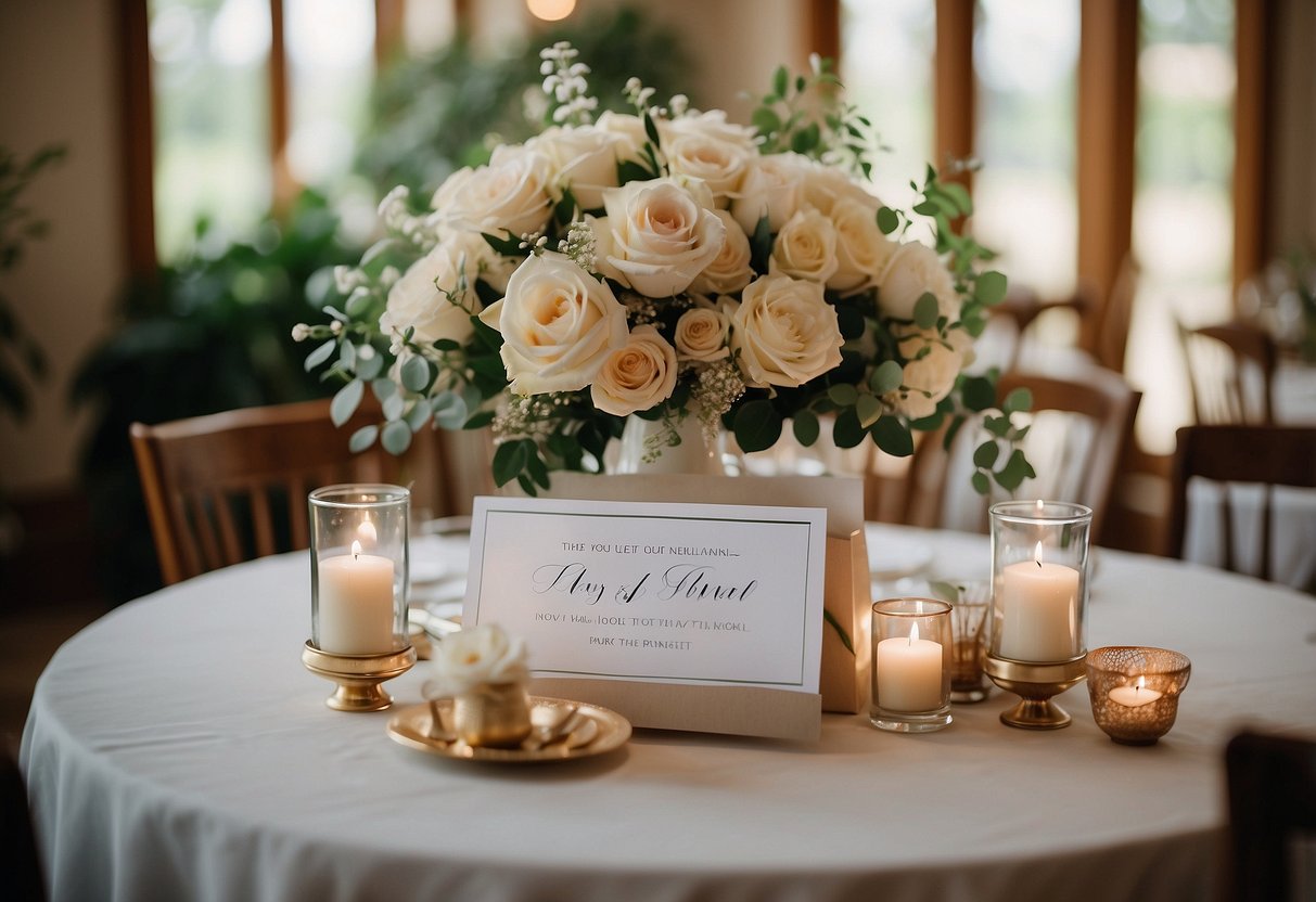 A table adorned with elegant floral arrangements, wrapped gifts, and a sign inviting guests to leave their well wishes and tokens of love for the newlyweds