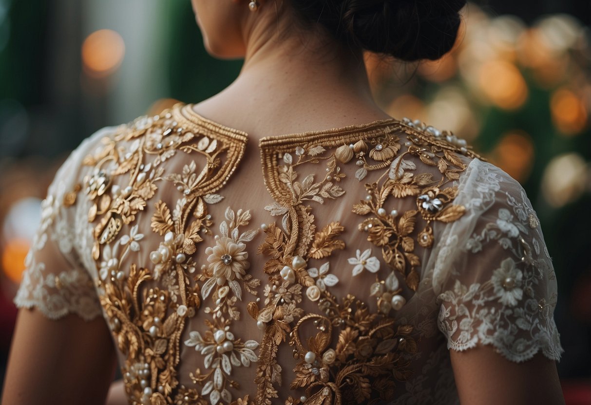 A traditional Italian wedding scene with ornate lace, rich fabrics, and intricate embroidery. Rich colors and elegant details create a timeless and romantic atmosphere