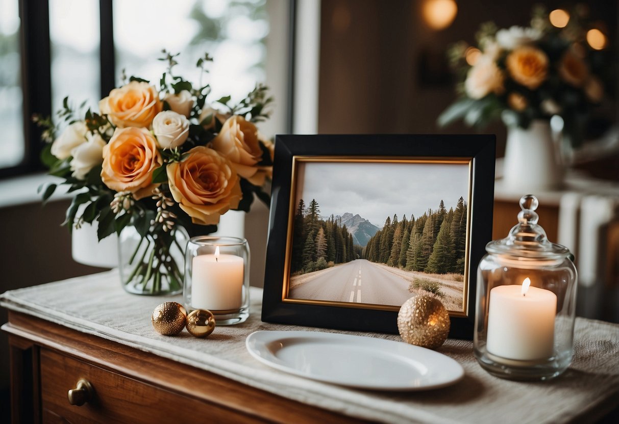 A beautifully decorated wedding gift table with personalized photo frames displayed elegantly