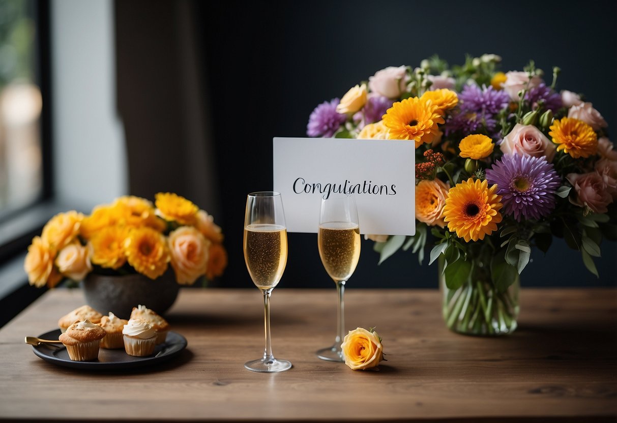 A bouquet of colorful flowers and a bottle of champagne on a beautifully set table with a "Congratulations" card