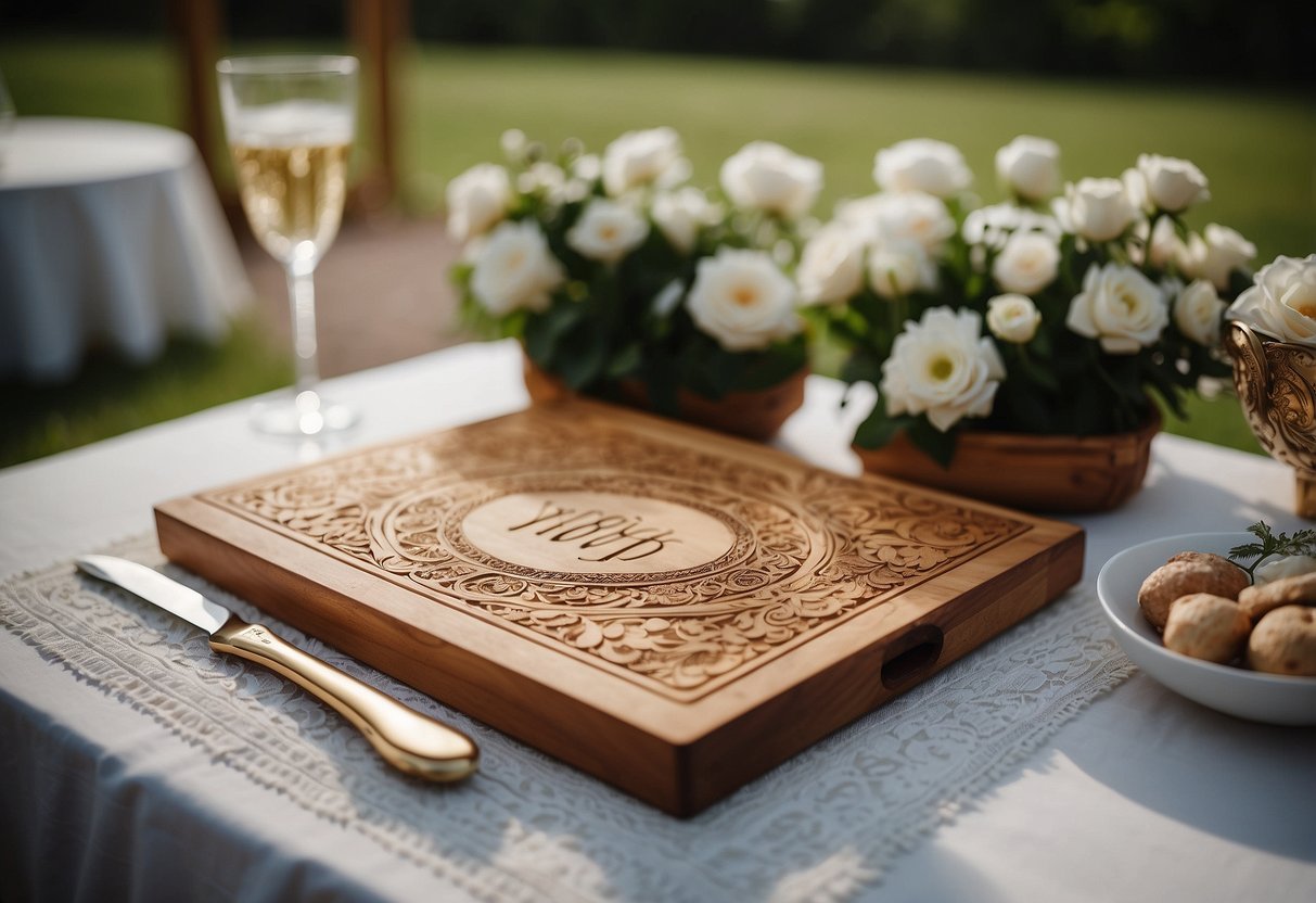 A beautifully engraved cutting board sits on a wedding gift table, surrounded by elegant decor and fresh flowers