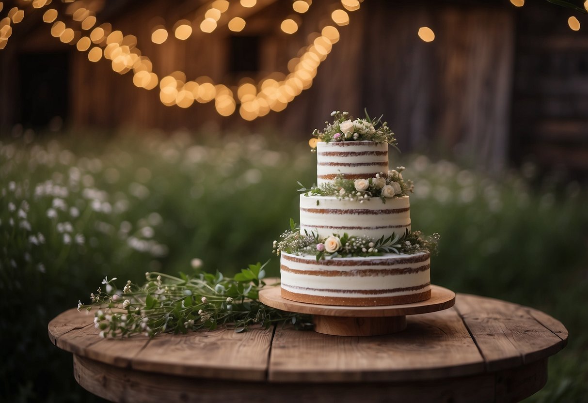 A wooden table adorned with a three-tiered cake, decorated with wildflowers and greenery, set against a backdrop of a rustic barn and twinkling fairy lights