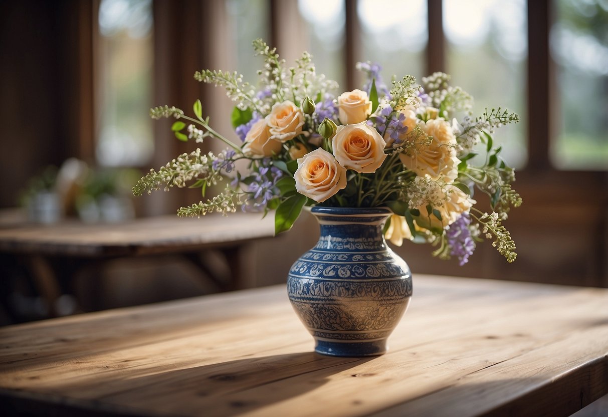 A beautifully crafted ceramic vase sits on a rustic wooden table, adorned with delicate flowers and ribbons, ready to be presented as a wedding gift