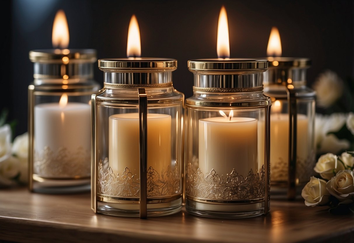 A lavish display of scented candles in elegant packaging arranged on a table with delicate floral accents, ready to be presented as a luxurious wedding gift