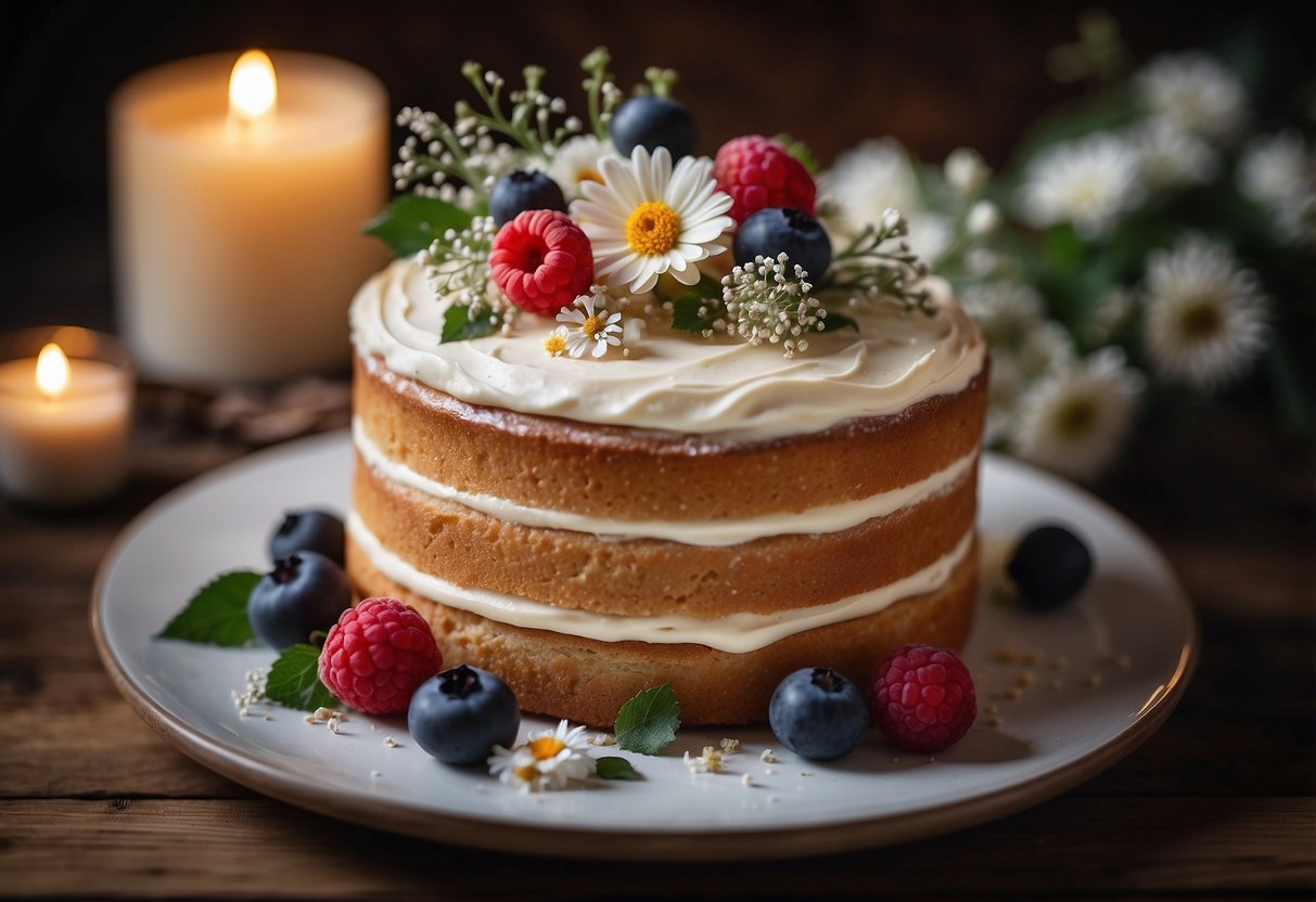 A rustic birchwood cake sits on a wooden table, adorned with delicate floral accents and surrounded by soft candlelight