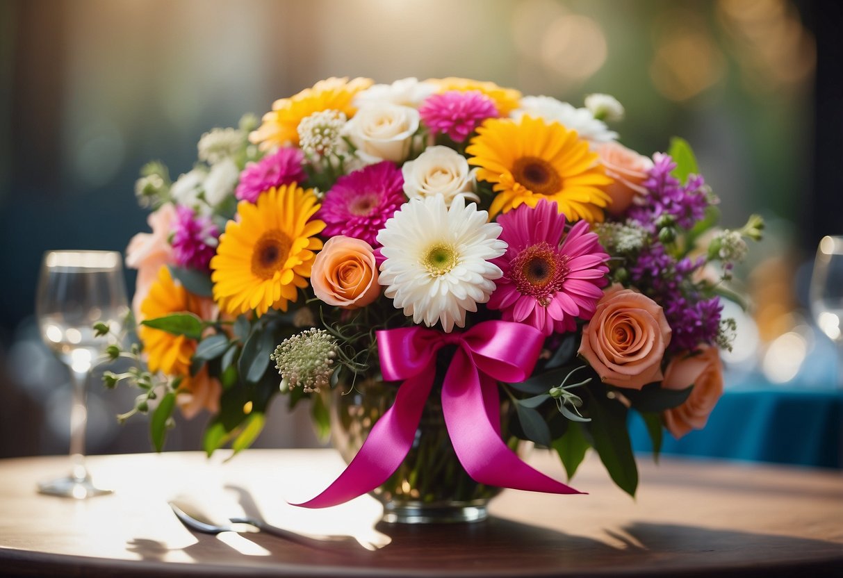 A colorful bouquet of flowers with a bright ribbon tied around it, resting on a beautifully decorated wedding table