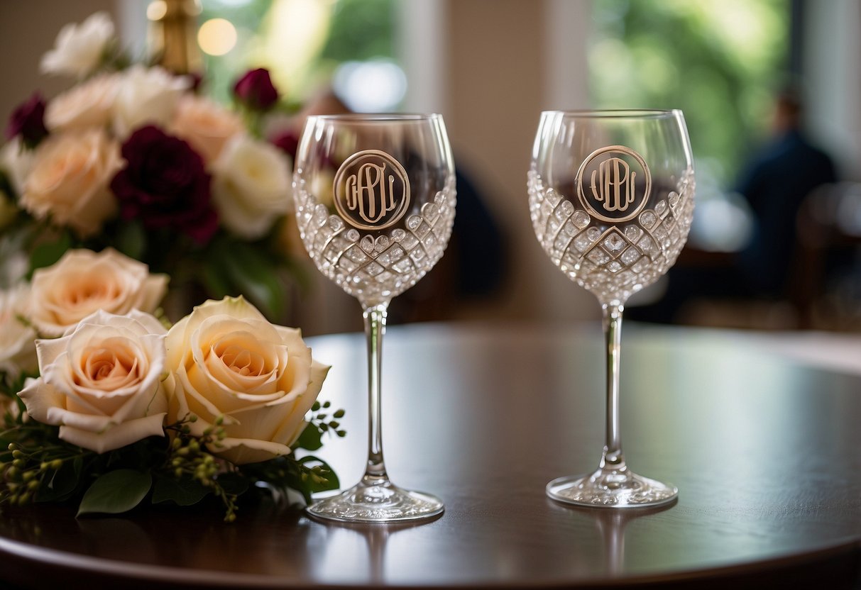 Two elegant monogrammed wine glasses sit on a beautifully decorated wedding gift table