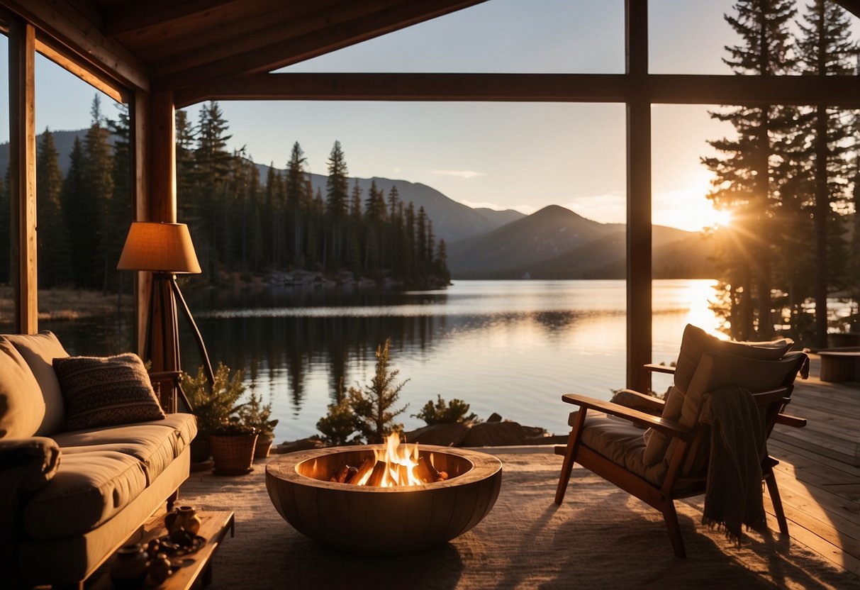 A cozy cabin nestled in the mountains, surrounded by tall pines and a glistening lake. A warm fireplace crackles as the sun sets, casting a golden glow over the happy couple