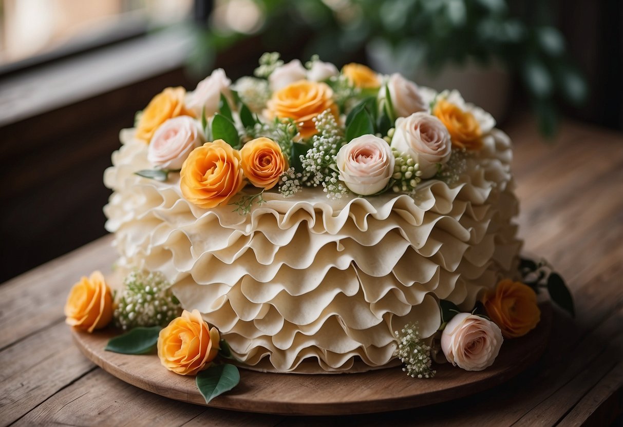 A rustic ruffle cake sits on a wooden table, adorned with fresh flowers and greenery. The cake is elegantly decorated with textured ruffles and a simple, natural color palette