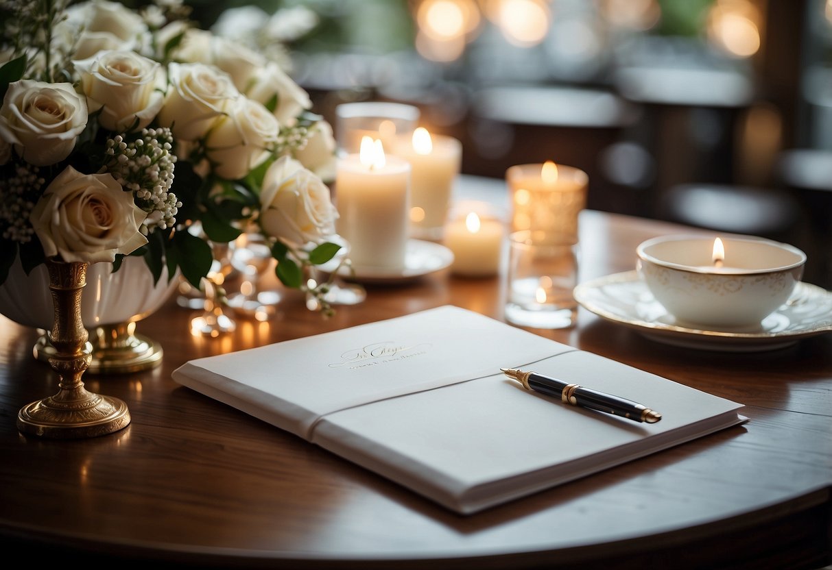 A beautifully decorated table with a guest book, pen, and elegant wedding gift display