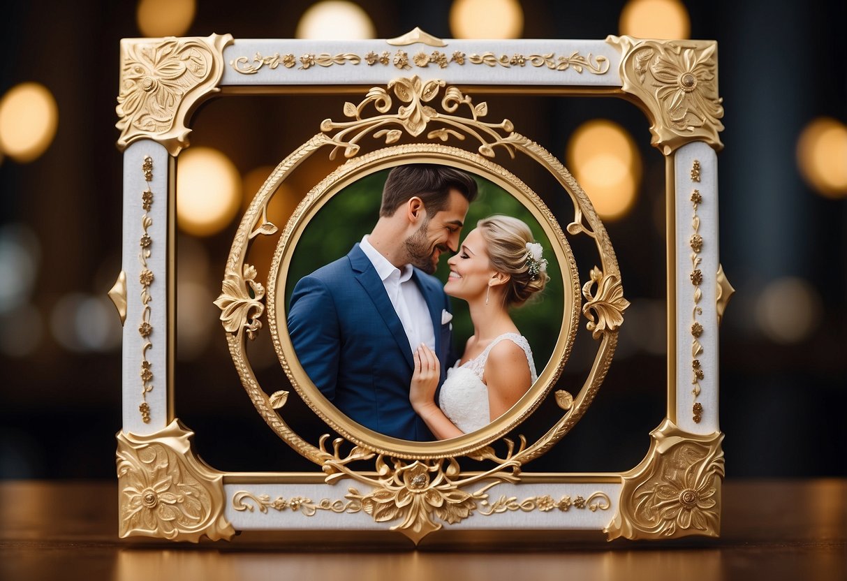 A custom-engraved photo frame with wedding date is presented as a gift to the newlyweds, accompanied by warm wishes for a happy married life