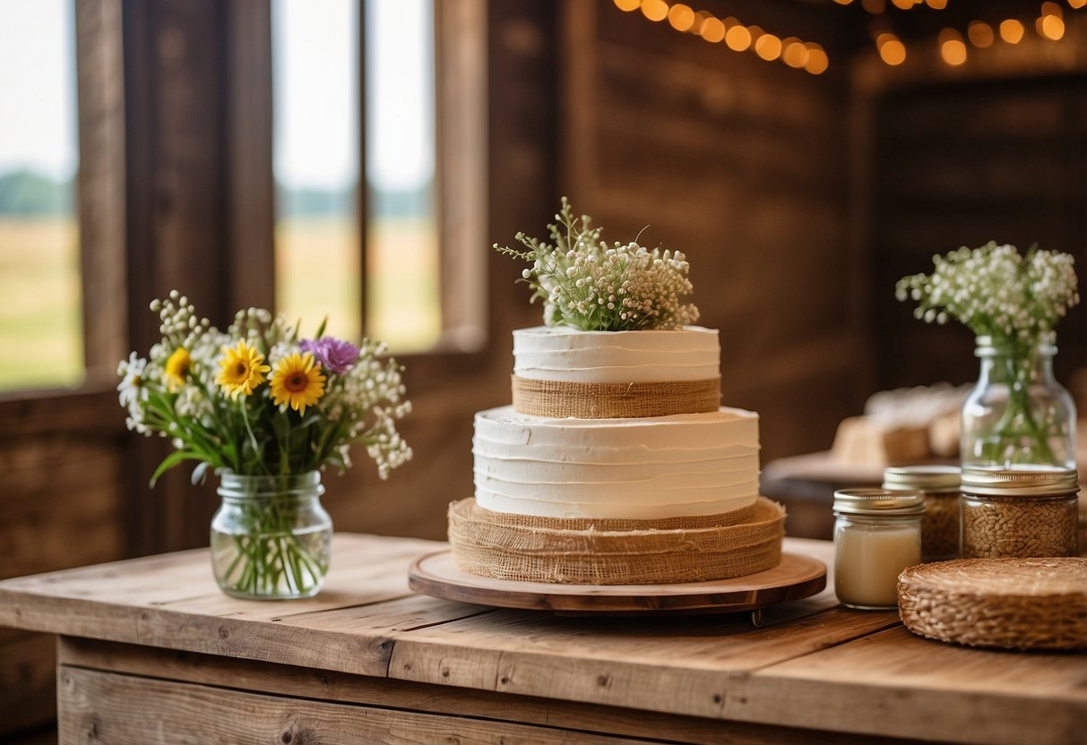 A rustic country barn wedding cake sits on a wooden table with wildflowers and burlap accents. The cake is adorned with fondant barn doors, hay bales, and a miniature tractor